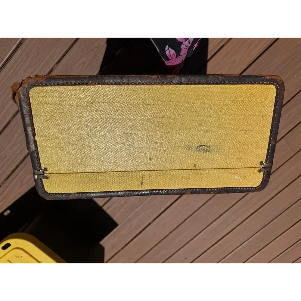 Vintage Mustard Yellow Tweed Train Suitcase 24” Leather Trim Overnight Luggage